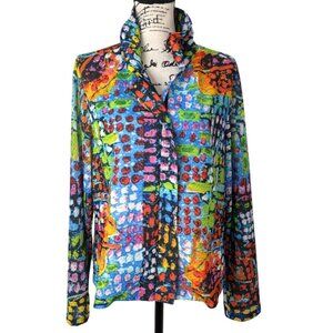 Damee Collared Jacket Full-Zip Top Abstract Colorful Art to Wear Women Size L/XL